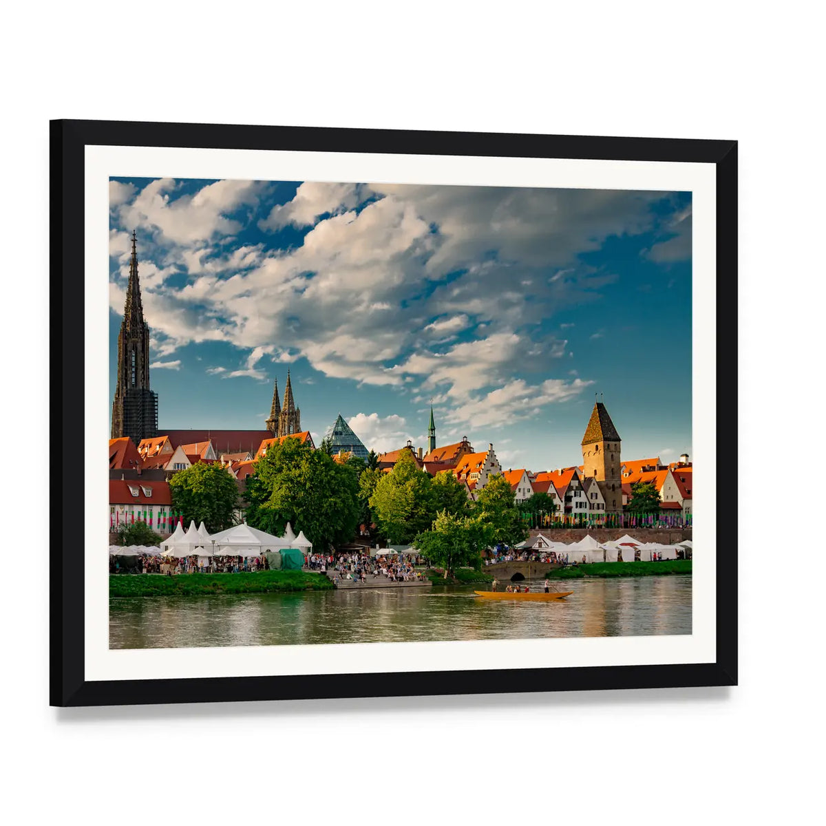Ulm at the Danube Canvas Wall Art, framed print with white mat and black frame, angled product view