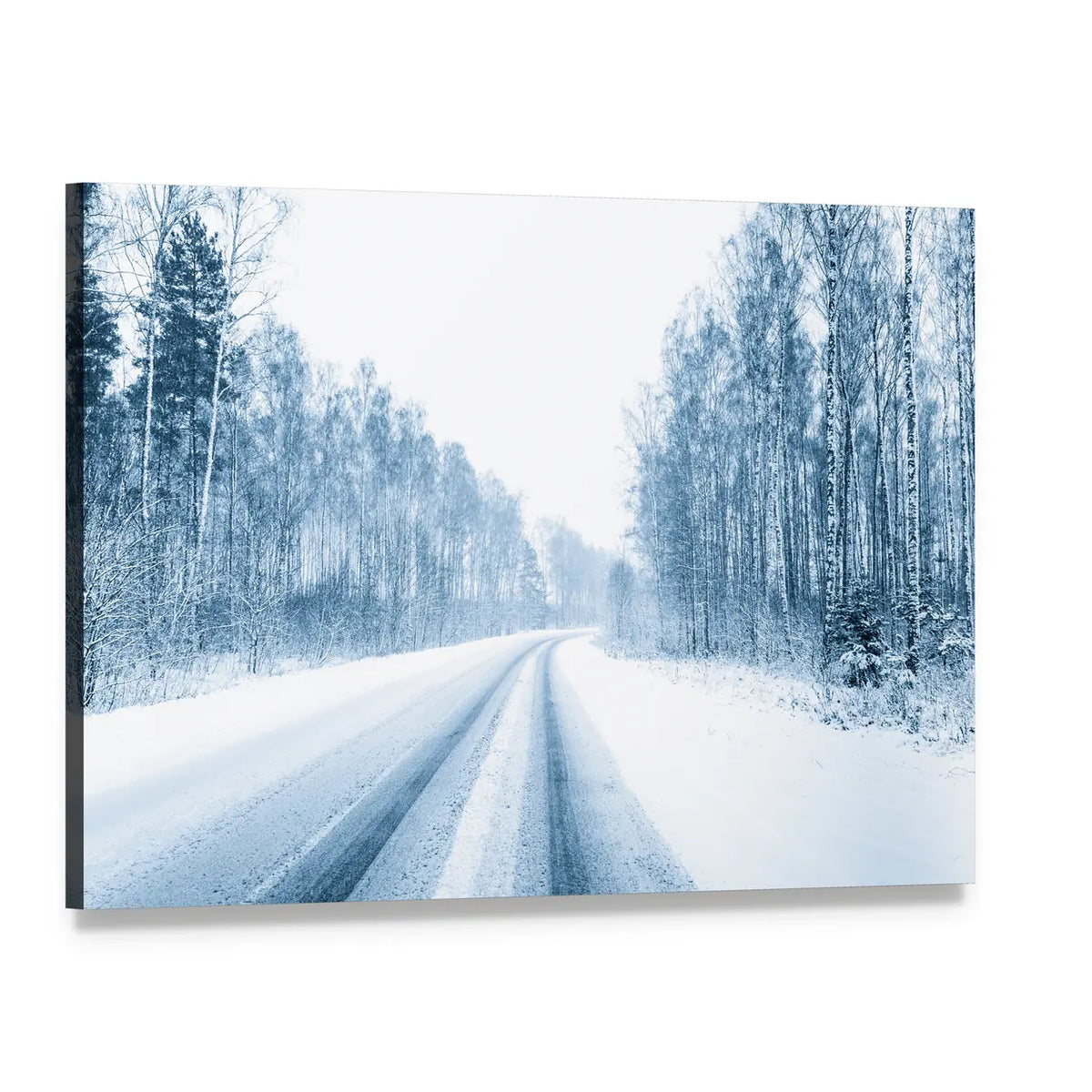 Snow Covered Open Road In Winter Canvas Wall Art, single panel gallery wrapped canvas, angled product view
