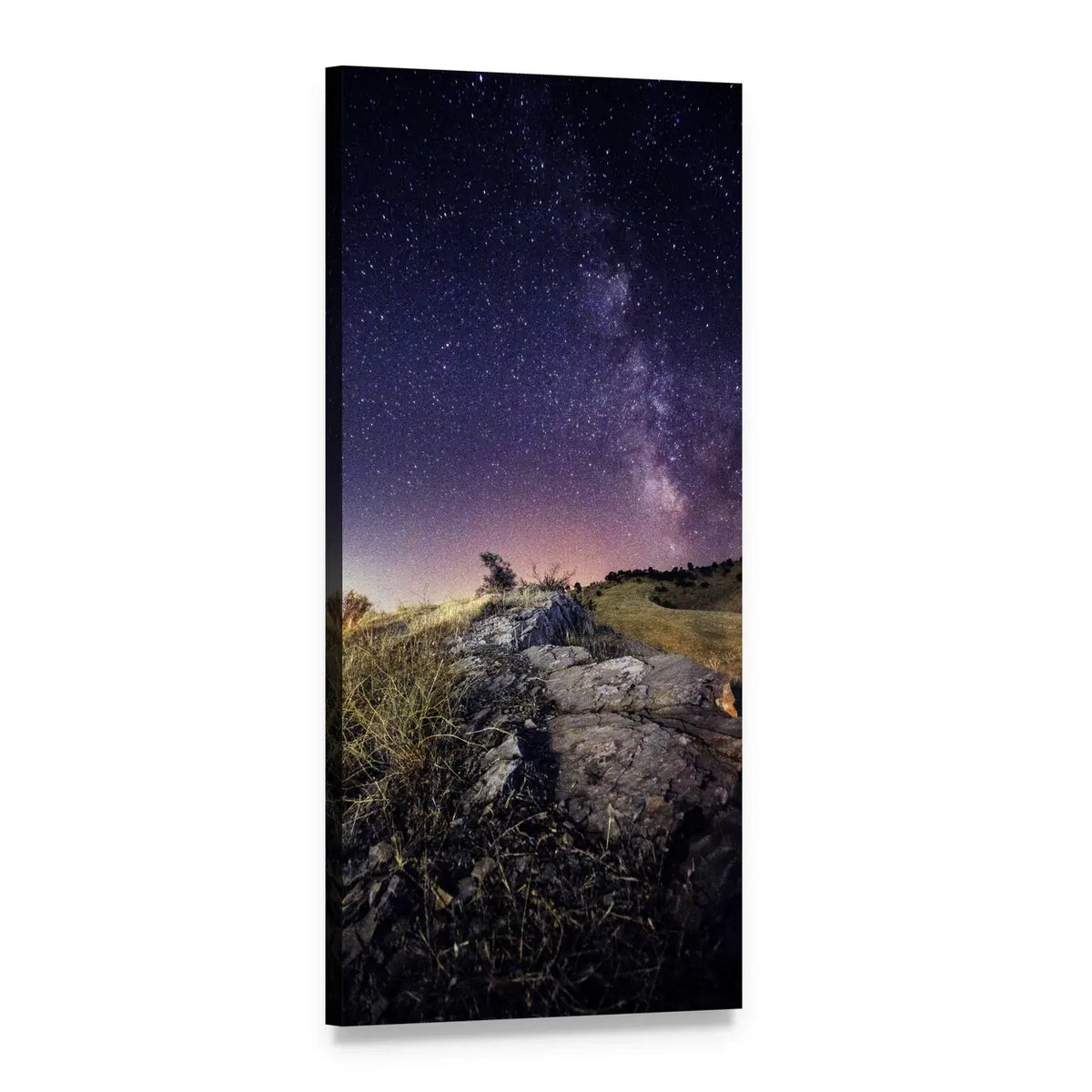 Milky Way Over Rocky Hillside Vertical Canvas Wall Art, 1 panel 1 Vertical layout gallery wrapped canvas set, angled product view