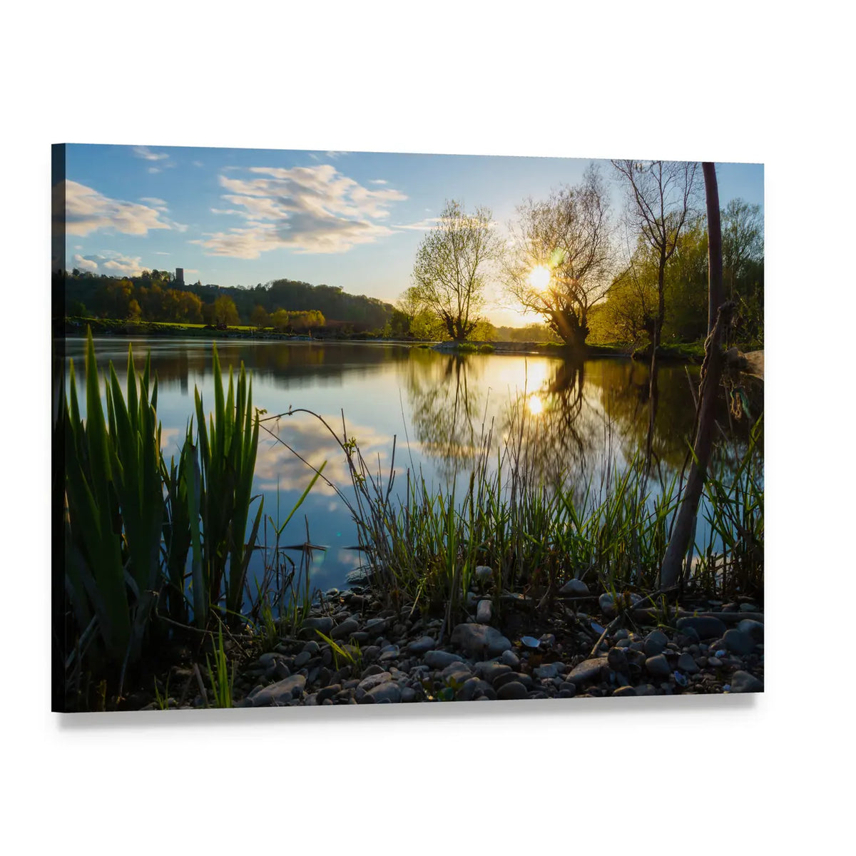Sunset Over Calm Lake Canvas Wall Art, single panel gallery wrapped canvas, angled product view