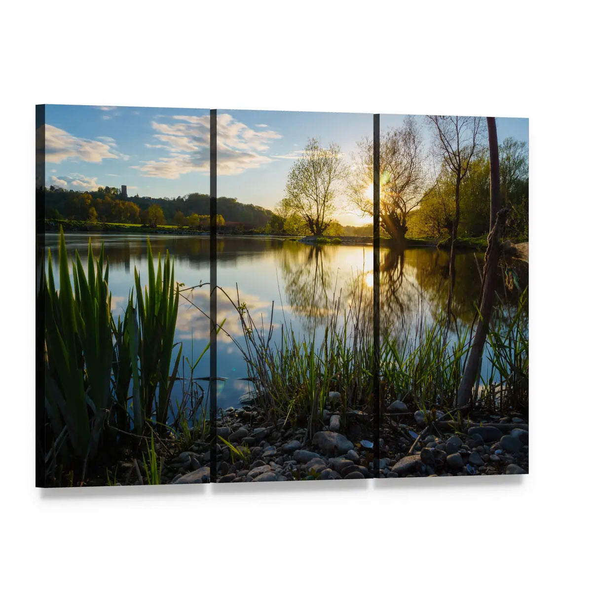 Sunset Over Calm Lake Canvas Wall Art, 3 panel 3 Horizontal layout gallery wrapped canvas set, angled product view