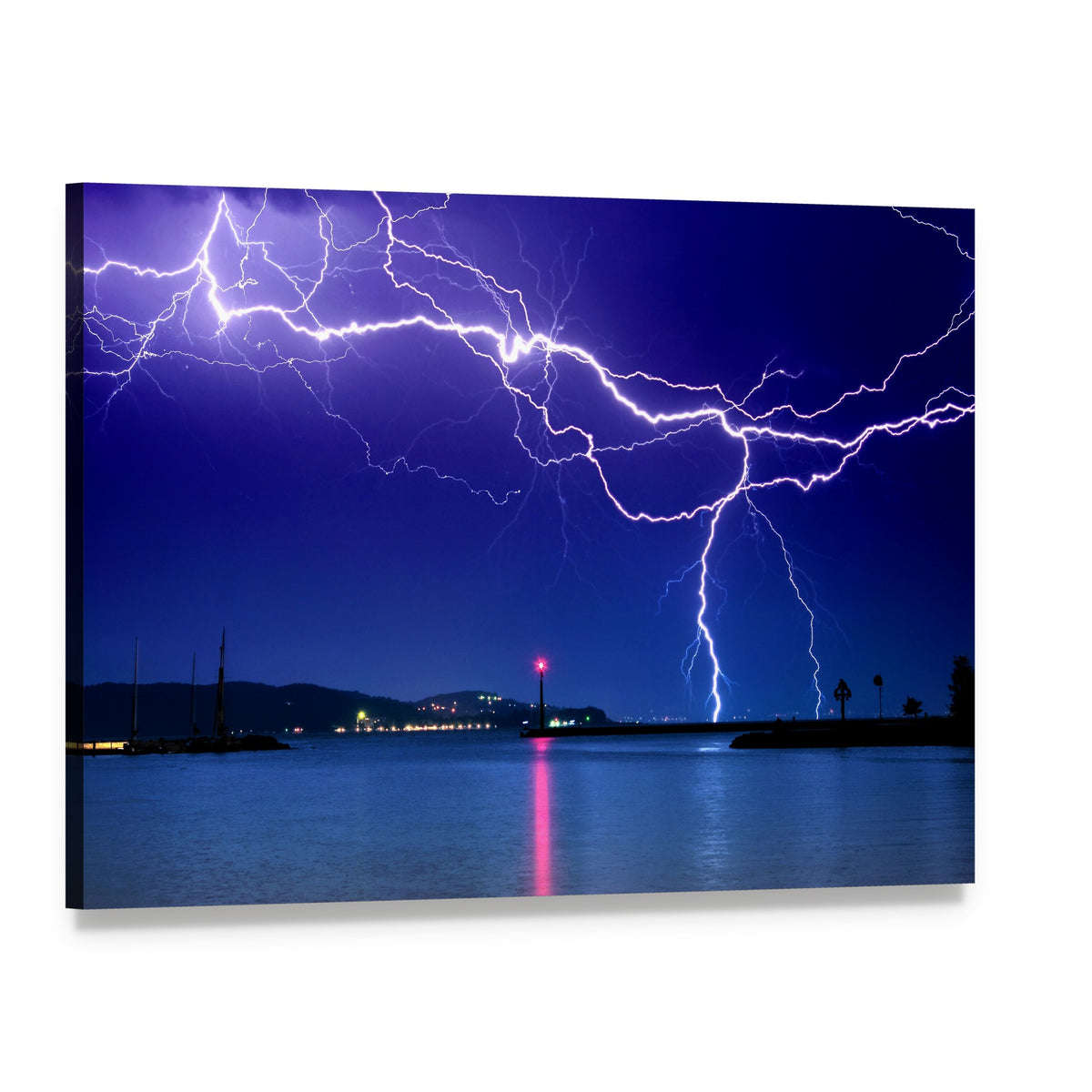 Dramatic Lightning Over Lake Scene Canvas Wall Art, single panel gallery wrapped canvas, angled product view