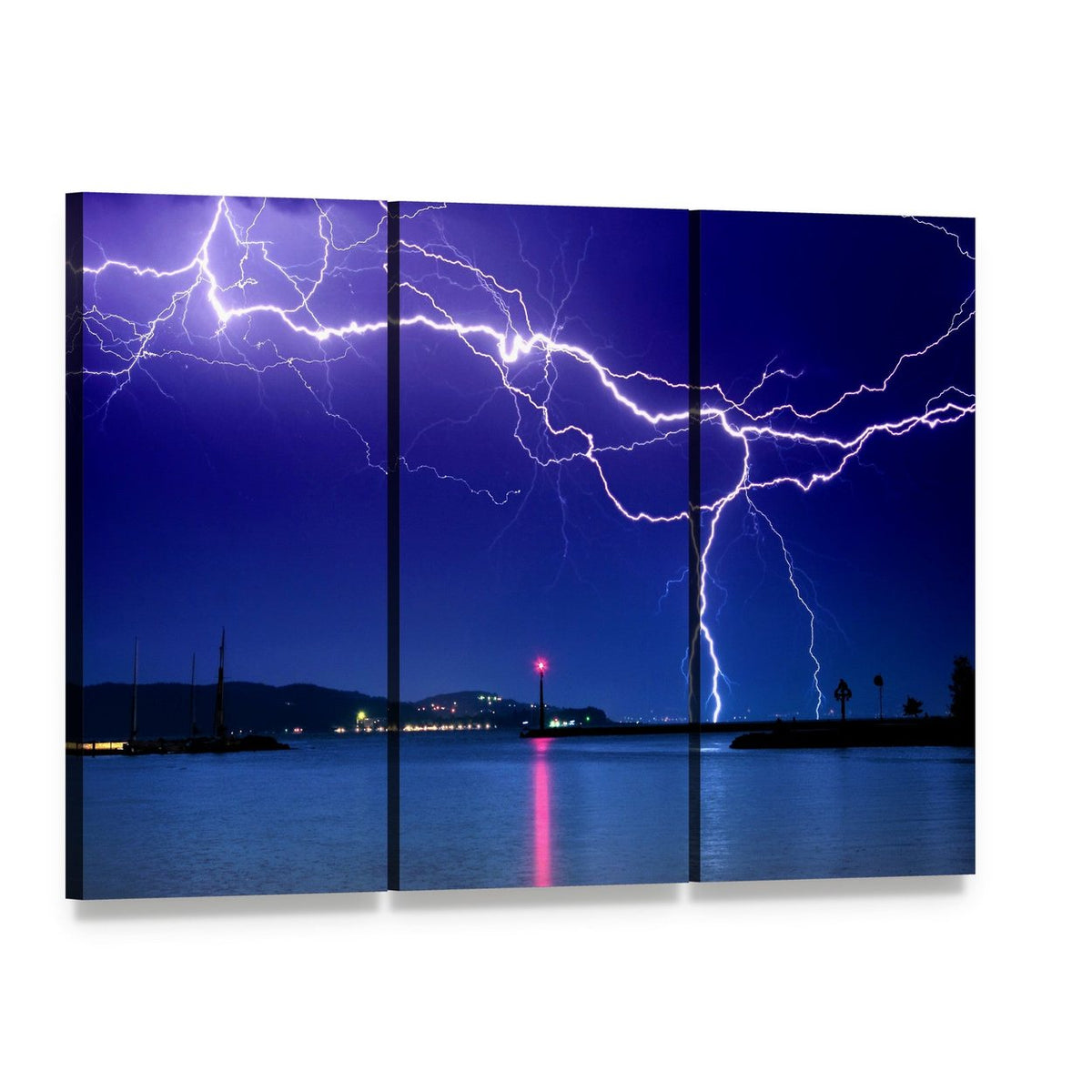Dramatic Lightning Over Lake Scene Canvas Wall Art, 3 panel 3 Horizontal layout gallery wrapped canvas set, angled product view