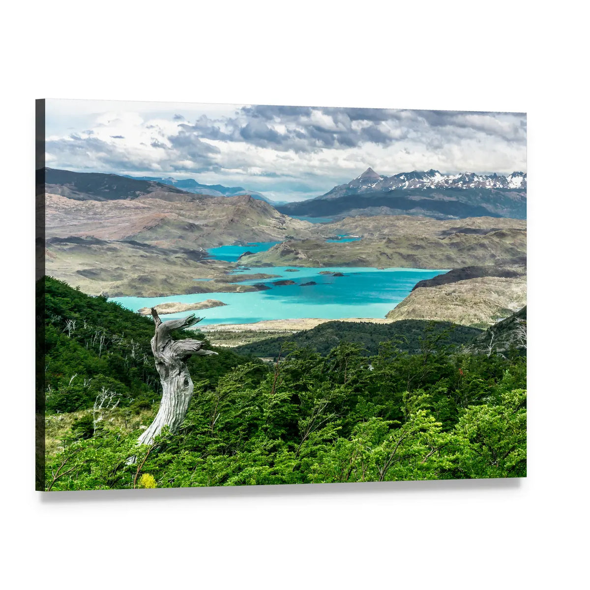 Turquoise Glacial Lakes and Snow-capped Peaks Canvas Wall Art, single panel gallery wrapped canvas, angled product view