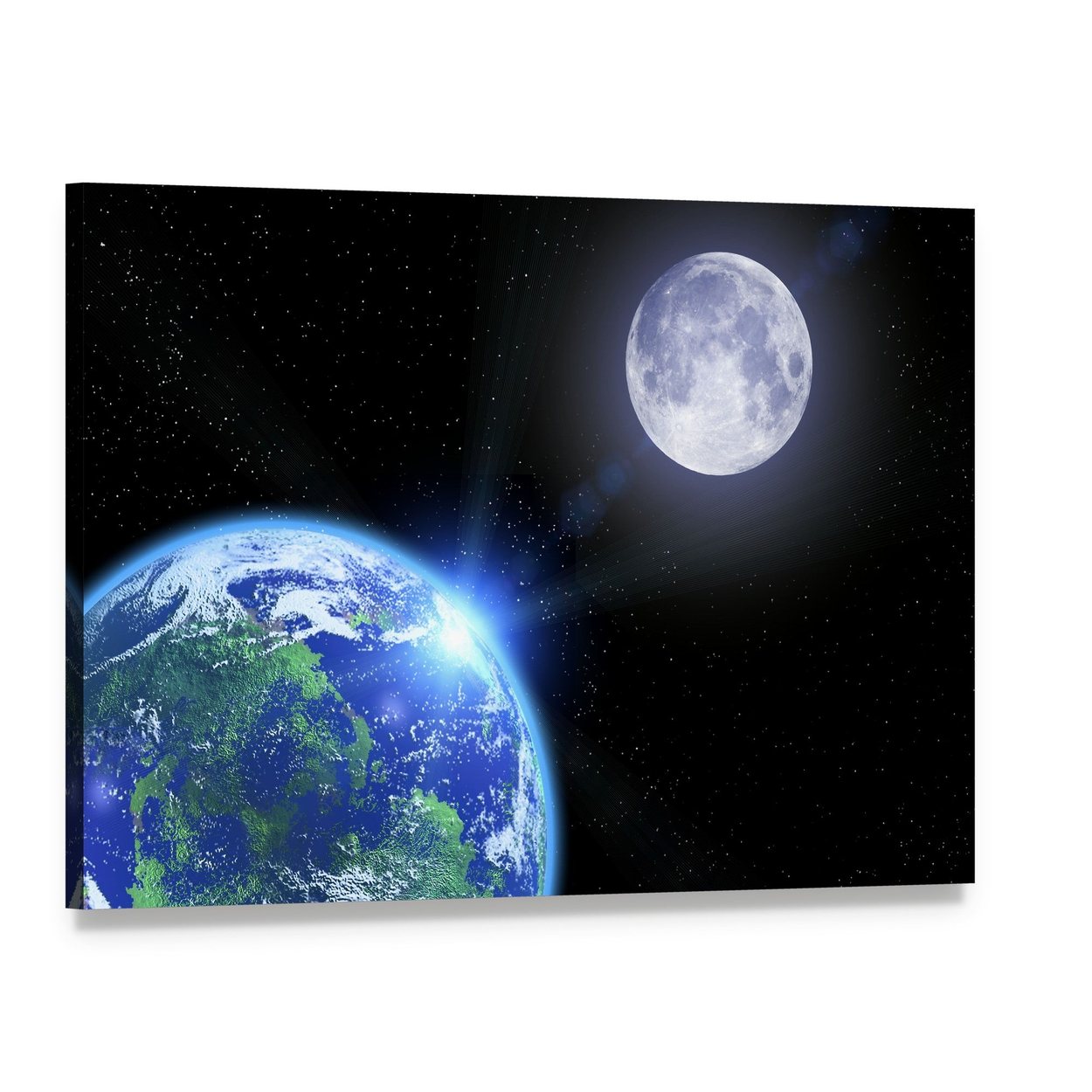 View of Moon and Earth Canvas Wall Art, single panel gallery wrapped canvas, angled product view