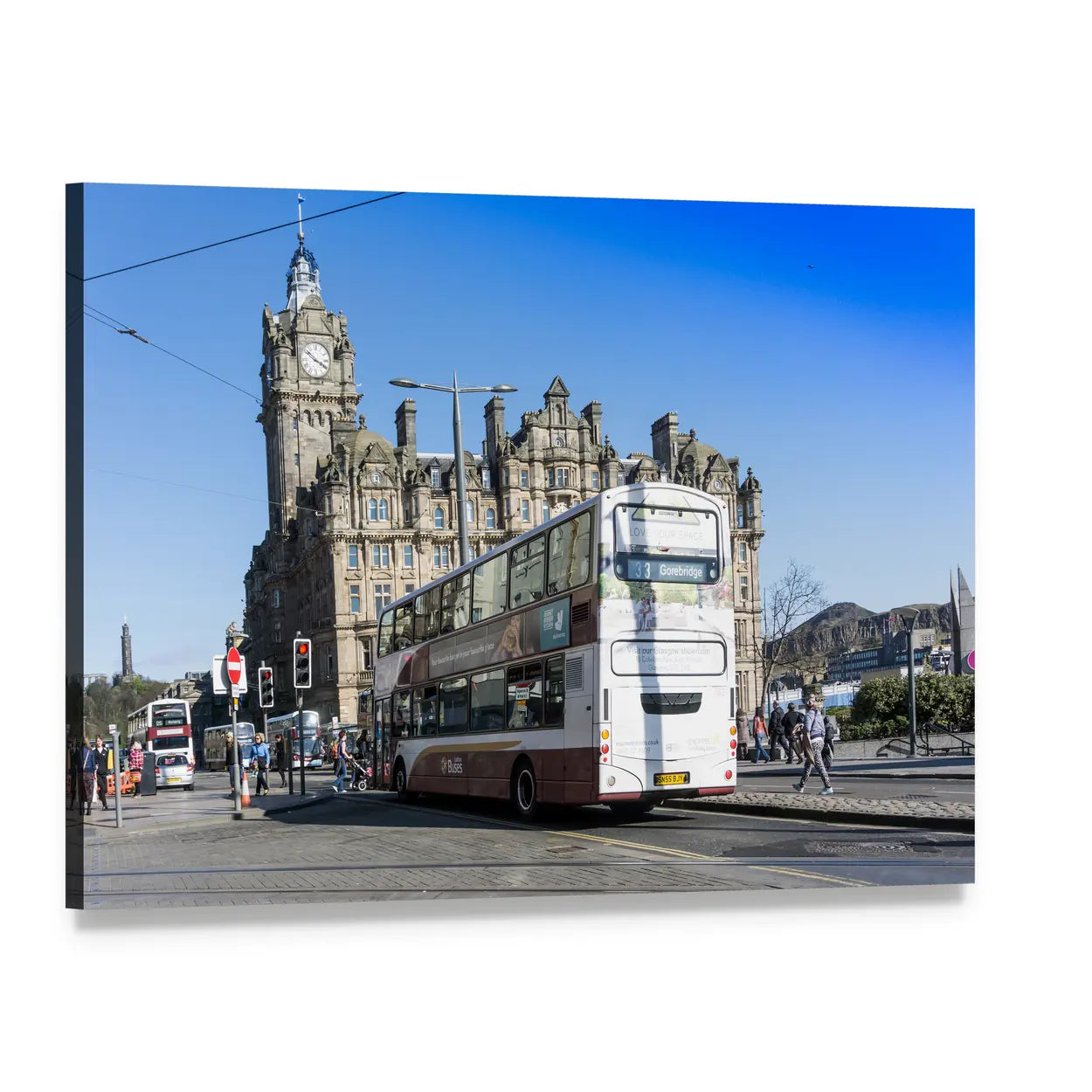 Double-decker Bus and Clock Tower in Scotland Canvas Wall Art, single panel gallery wrapped canvas, angled product view