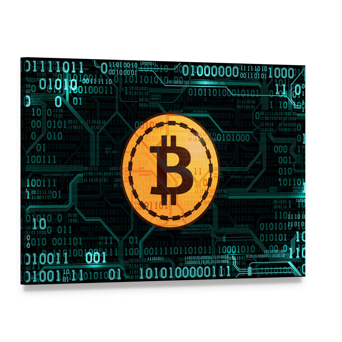 Bitcoin Symbol with Binary Code Canvas Wall Art, single panel gallery wrapped canvas, angled product view