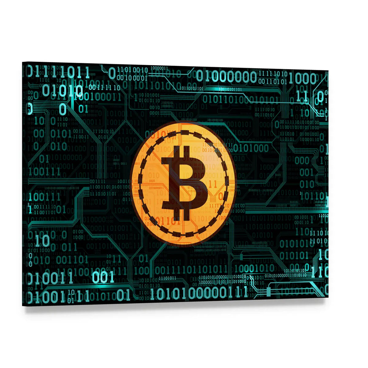 Bitcoin Logo with Binary Code Canvas Wall Art, single panel gallery wrapped canvas, angled product view