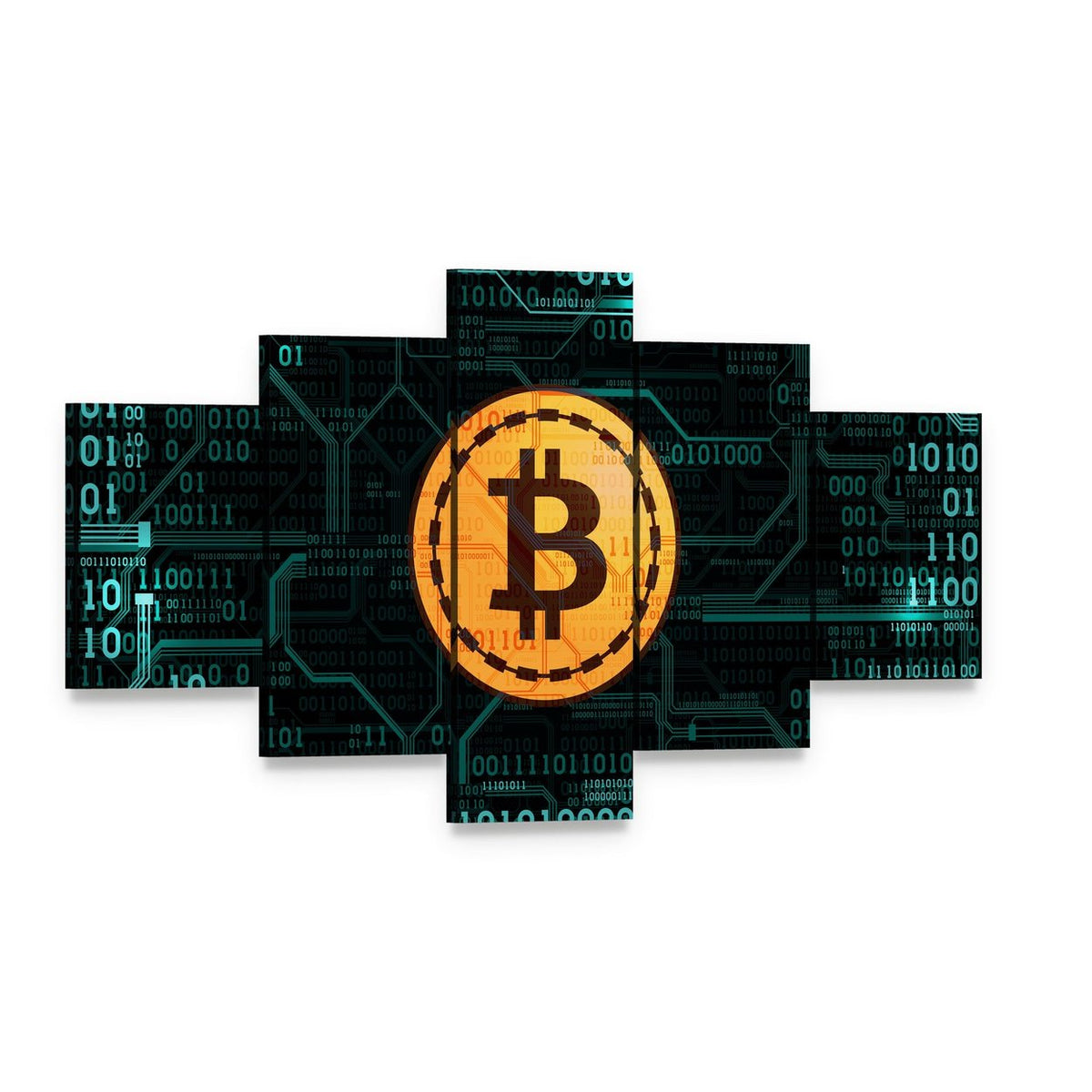 Bitcoin Symbol with Binary Code Canvas Wall Art, 5 panel 5 Star layout gallery wrapped canvas set, angled product view