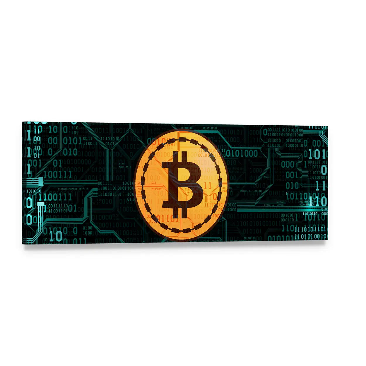 Golden Bitcoin with Binary Code Panoramic Canvas Wall Art, single panel gallery wrapped canvas, angled product view
