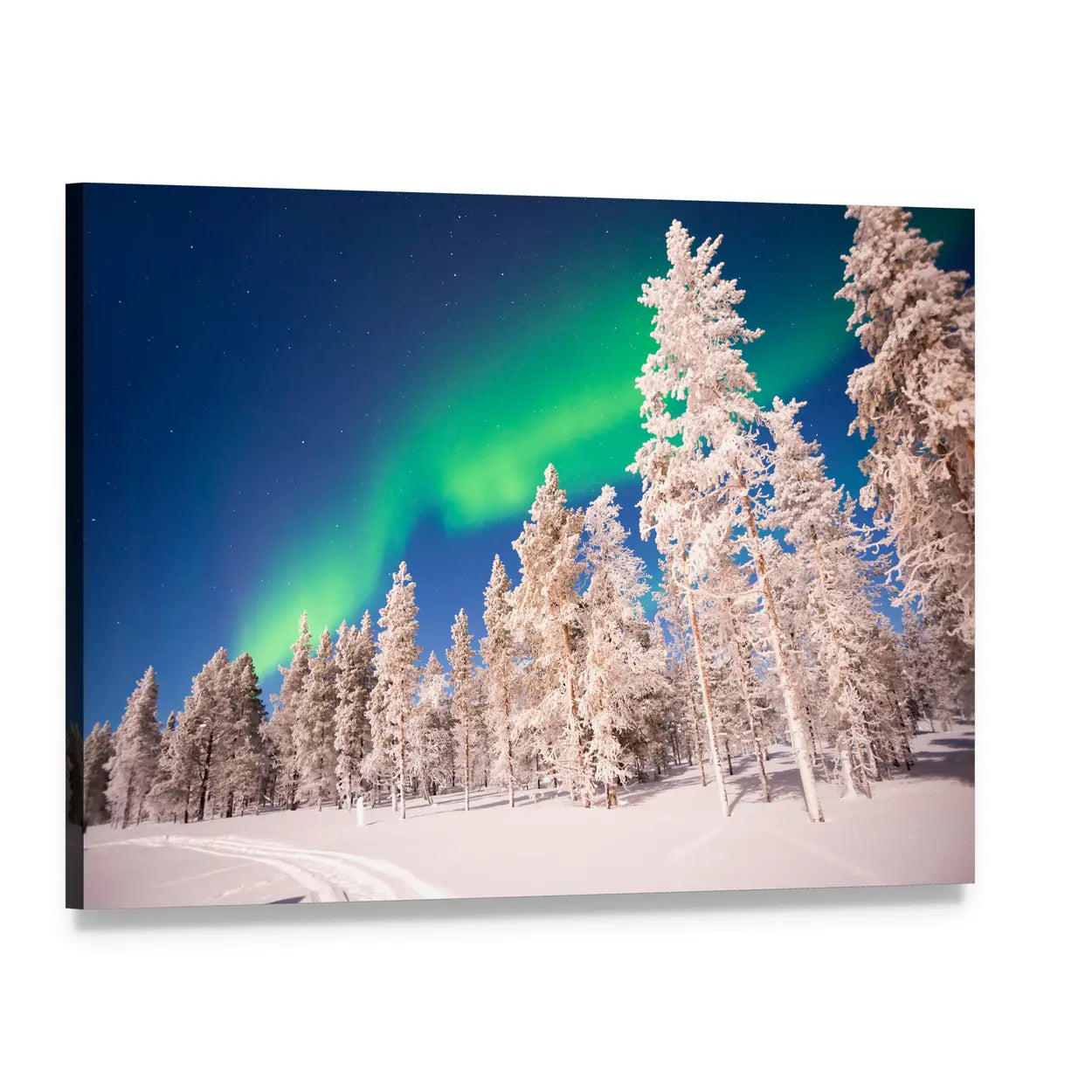 Aurora Borealis Over Snowy Lapland Forest Canvas Wall Art, single panel gallery wrapped canvas, angled product view