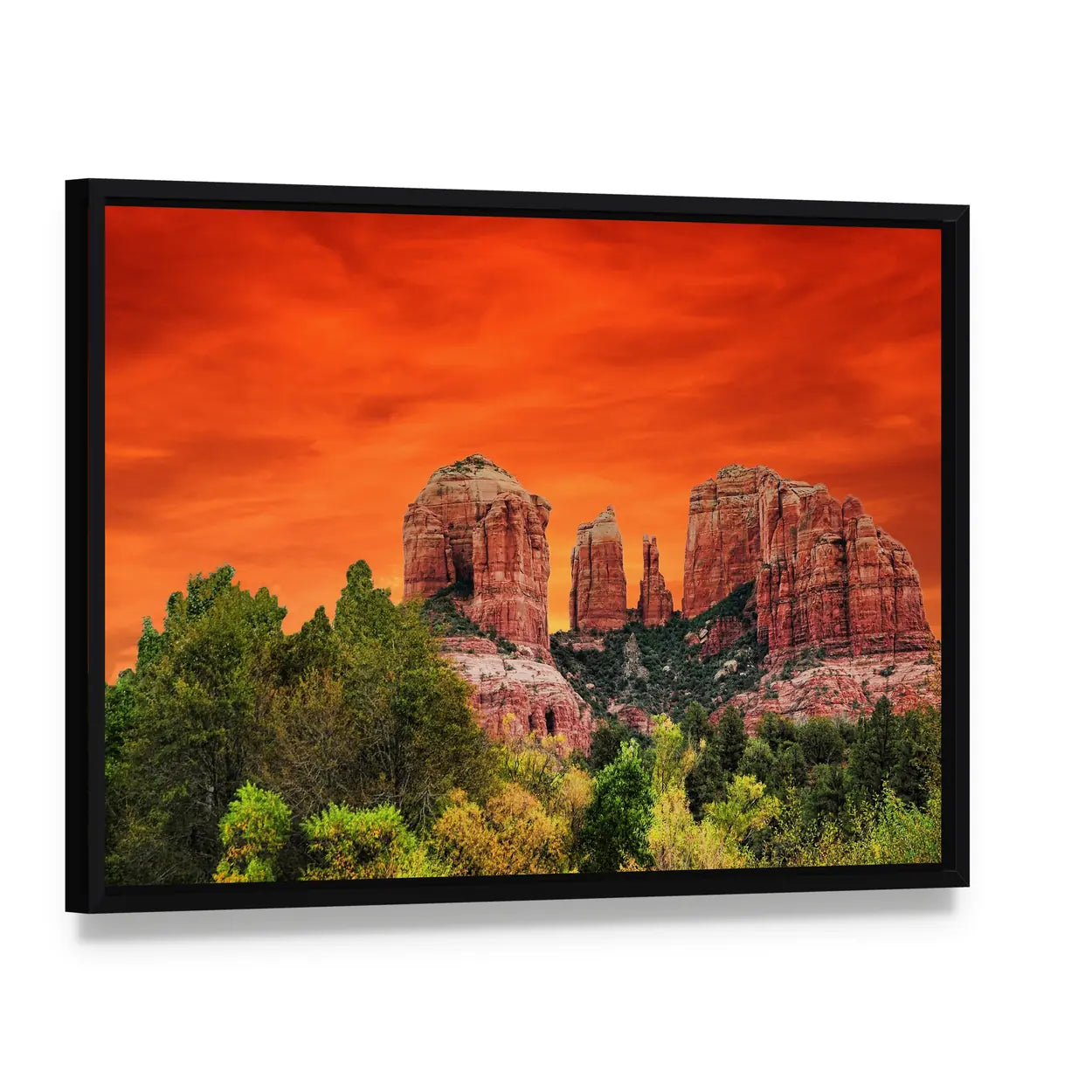 Sunrise Over Cathedral Rock, Sedona Canvas Wall Art, framed canvas in a black floater frame, angled product view