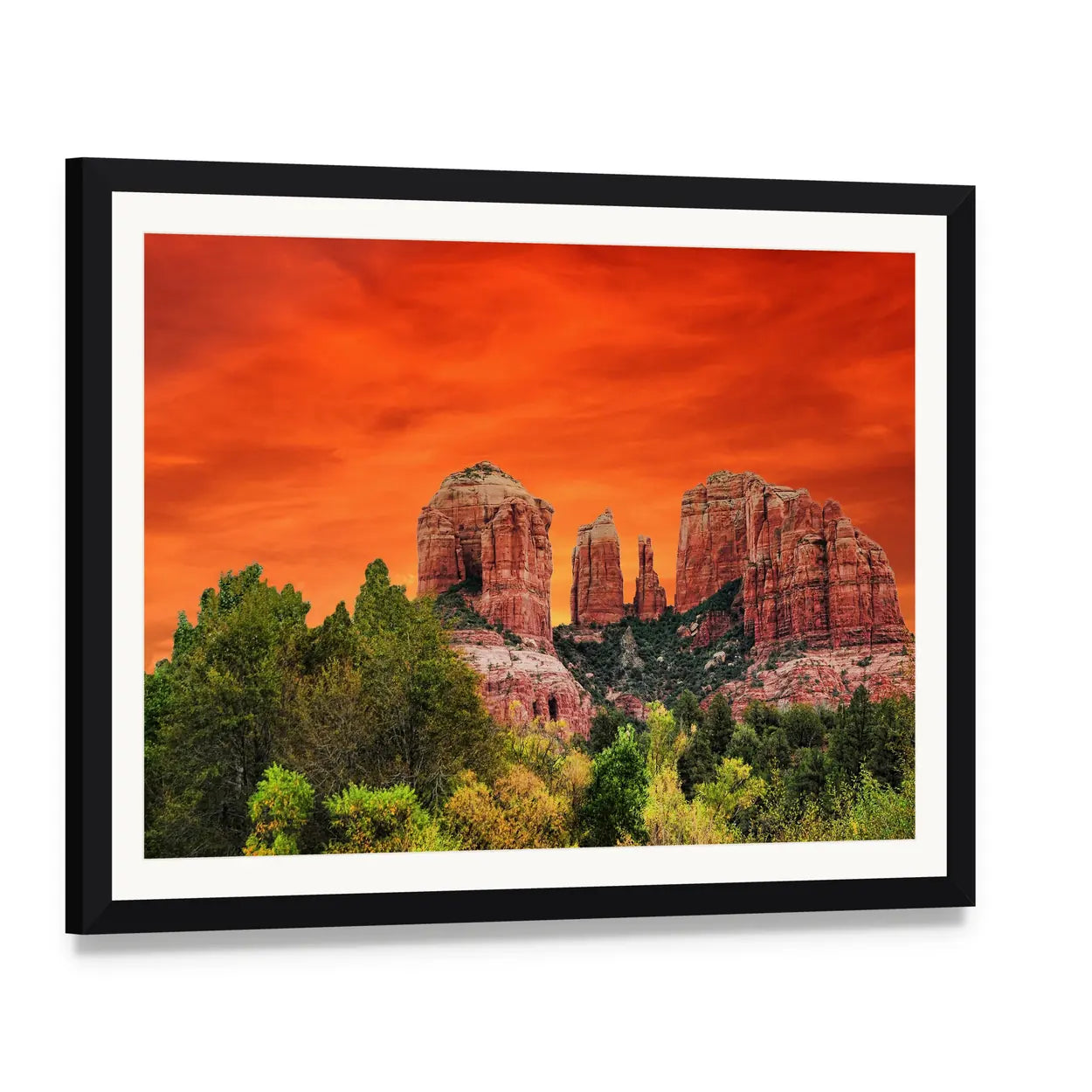 Sunrise Over Cathedral Rock, Sedona Canvas Wall Art, framed print with white mat and black frame, angled product view
