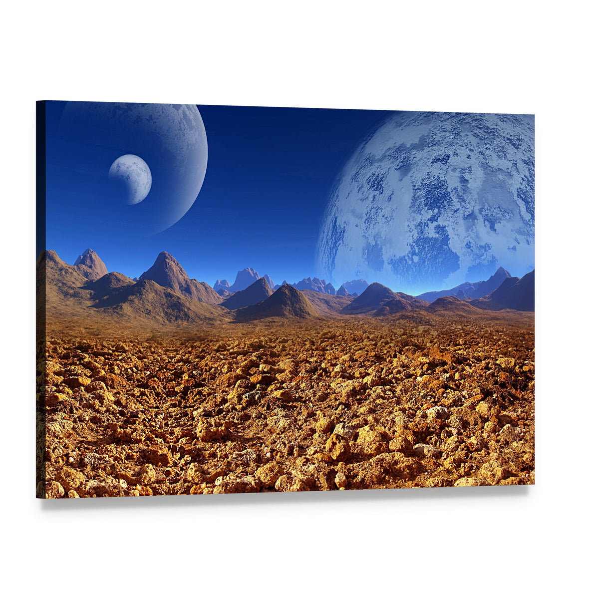 Alien Landscape with Twin Moons Canvas Wall Art, single panel gallery wrapped canvas, angled product view