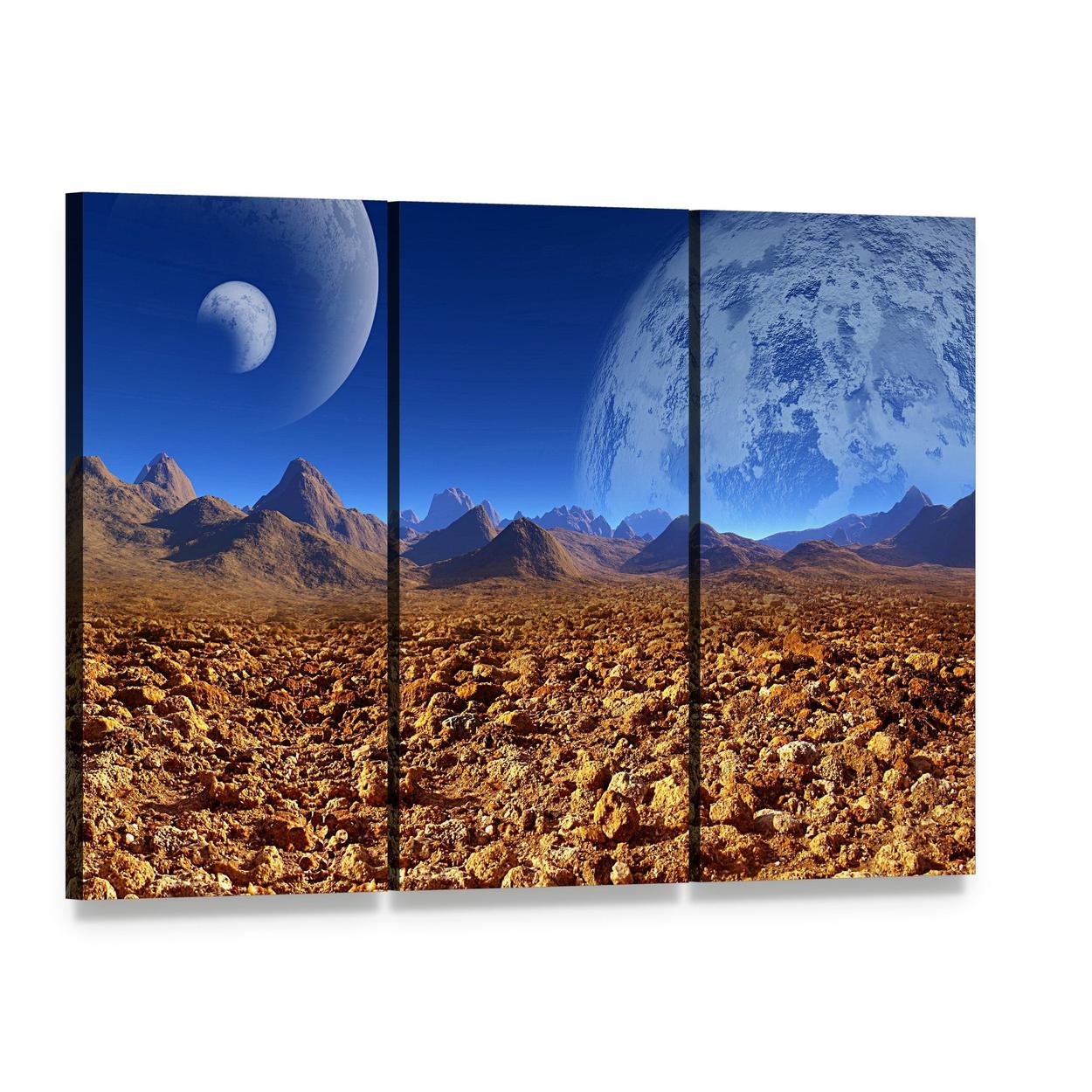 Alien Landscape with Twin Moons Canvas Wall Art, 3 panel 3 Horizontal layout gallery wrapped canvas set, angled product view