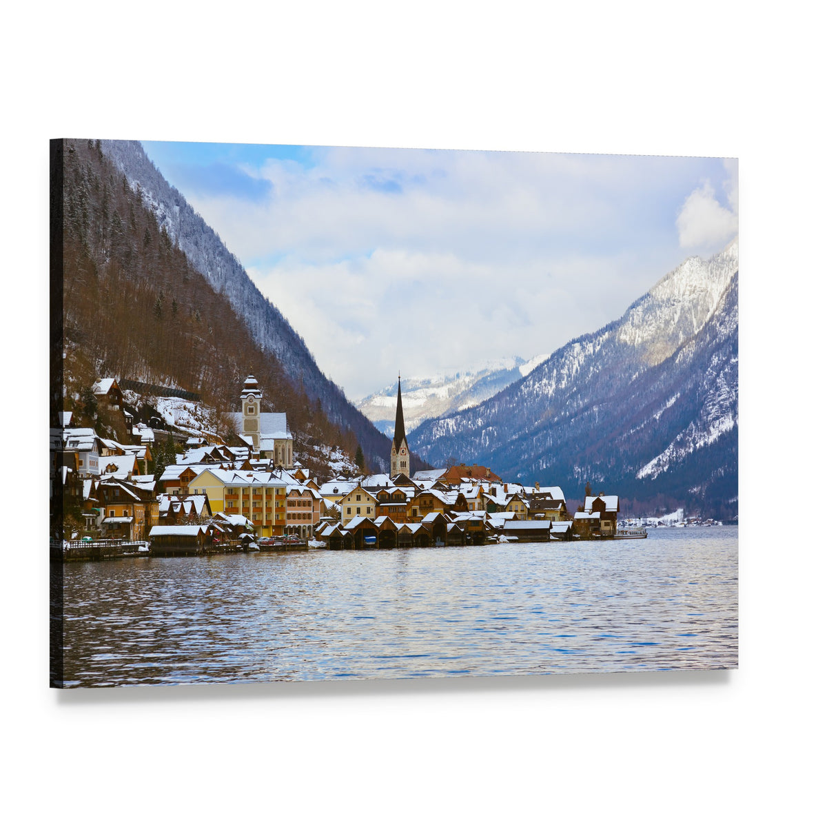 Hallstatt Village on Lake in Winter Canvas Wall Art, single panel gallery wrapped canvas, angled product view