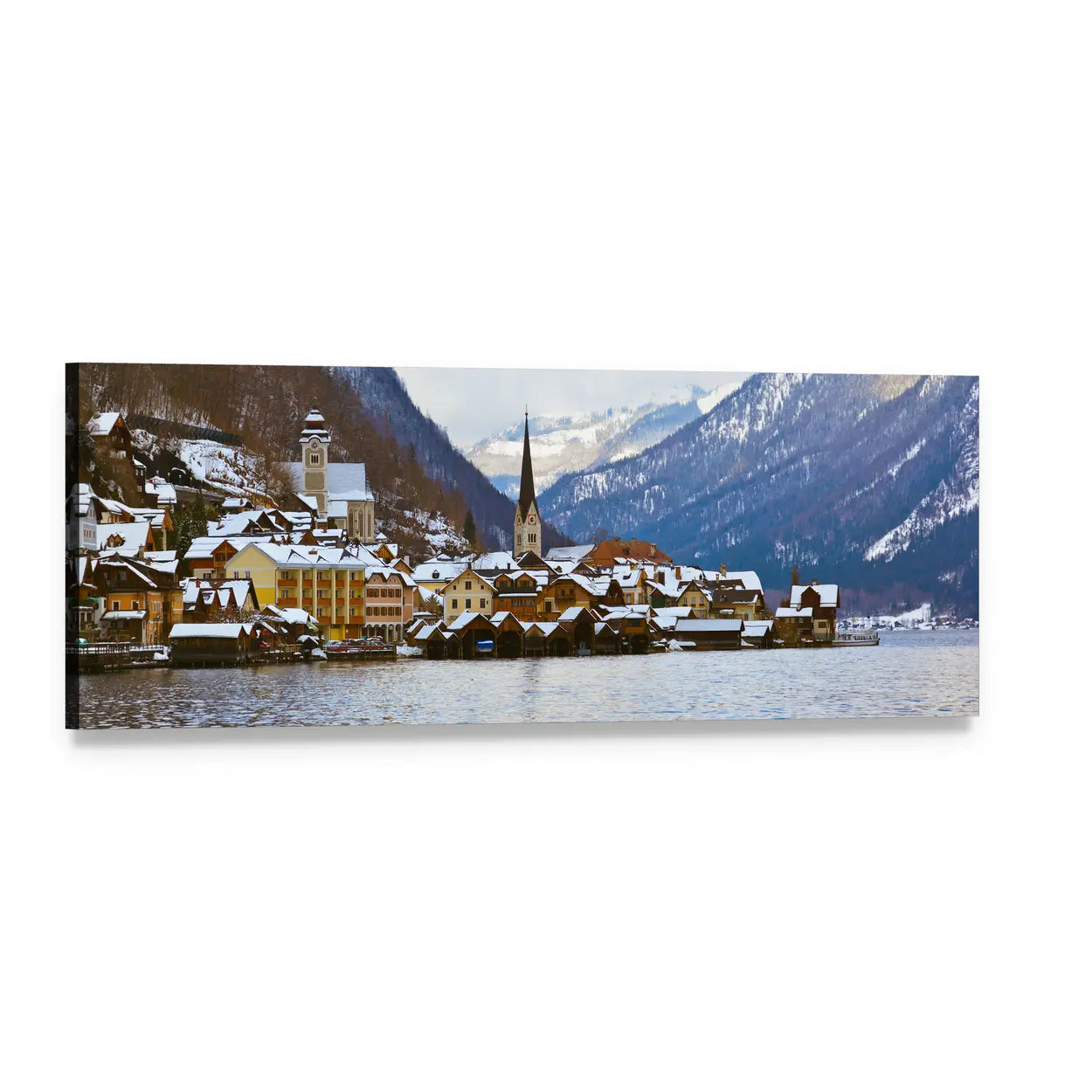 Snowy Lakeside Village with Church Spire Panoramic Canvas Wall Art, single panel gallery wrapped canvas, angled product view
