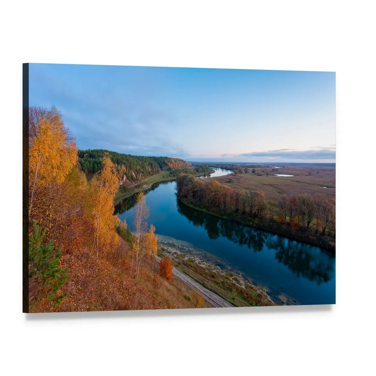 Autumn River in Late Afternoon Canvas Wall Art, single panel gallery wrapped canvas, angled product view