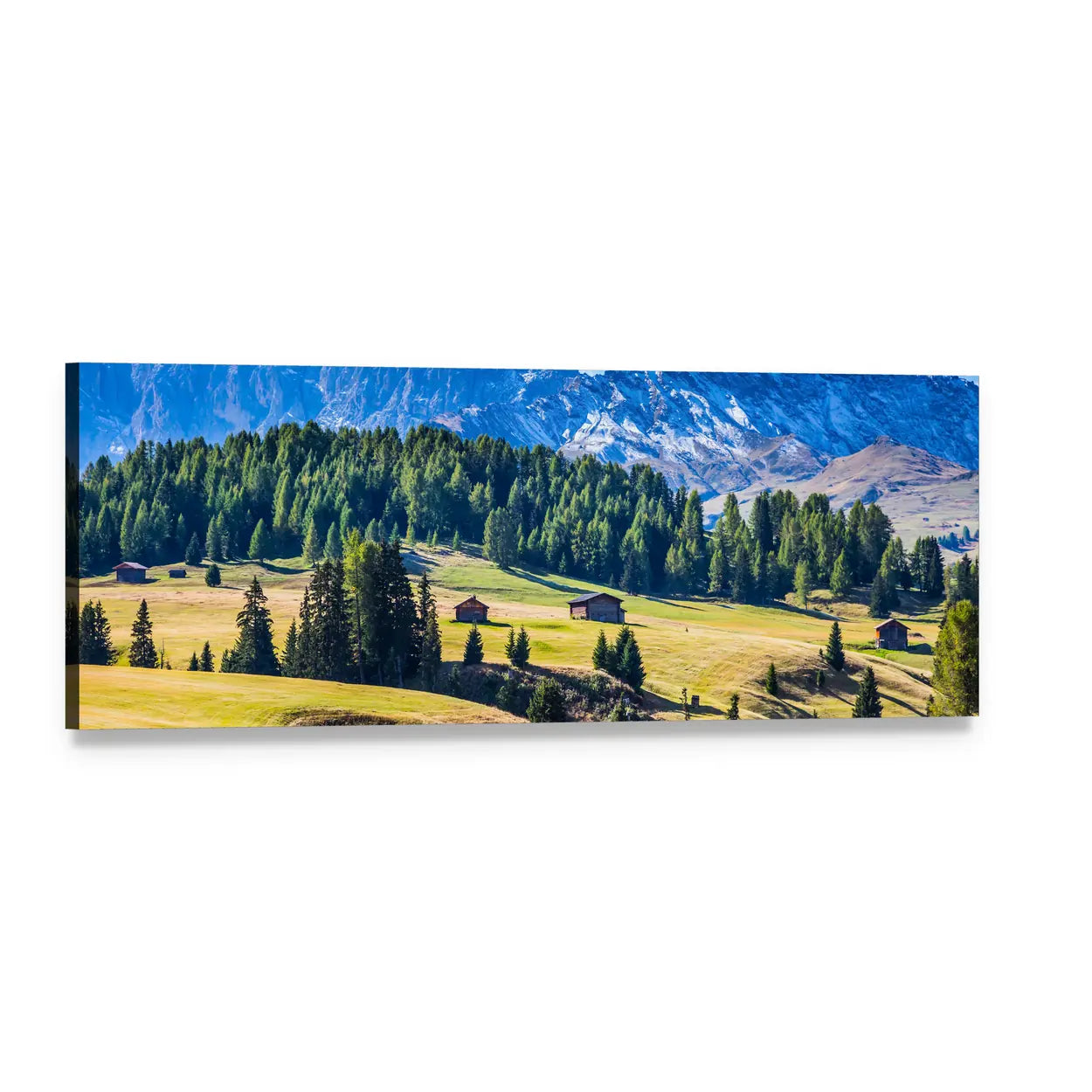 Alps Di Siusi Alpine Meadows Panoramic Canvas Wall Art, single panel gallery wrapped canvas, angled product view