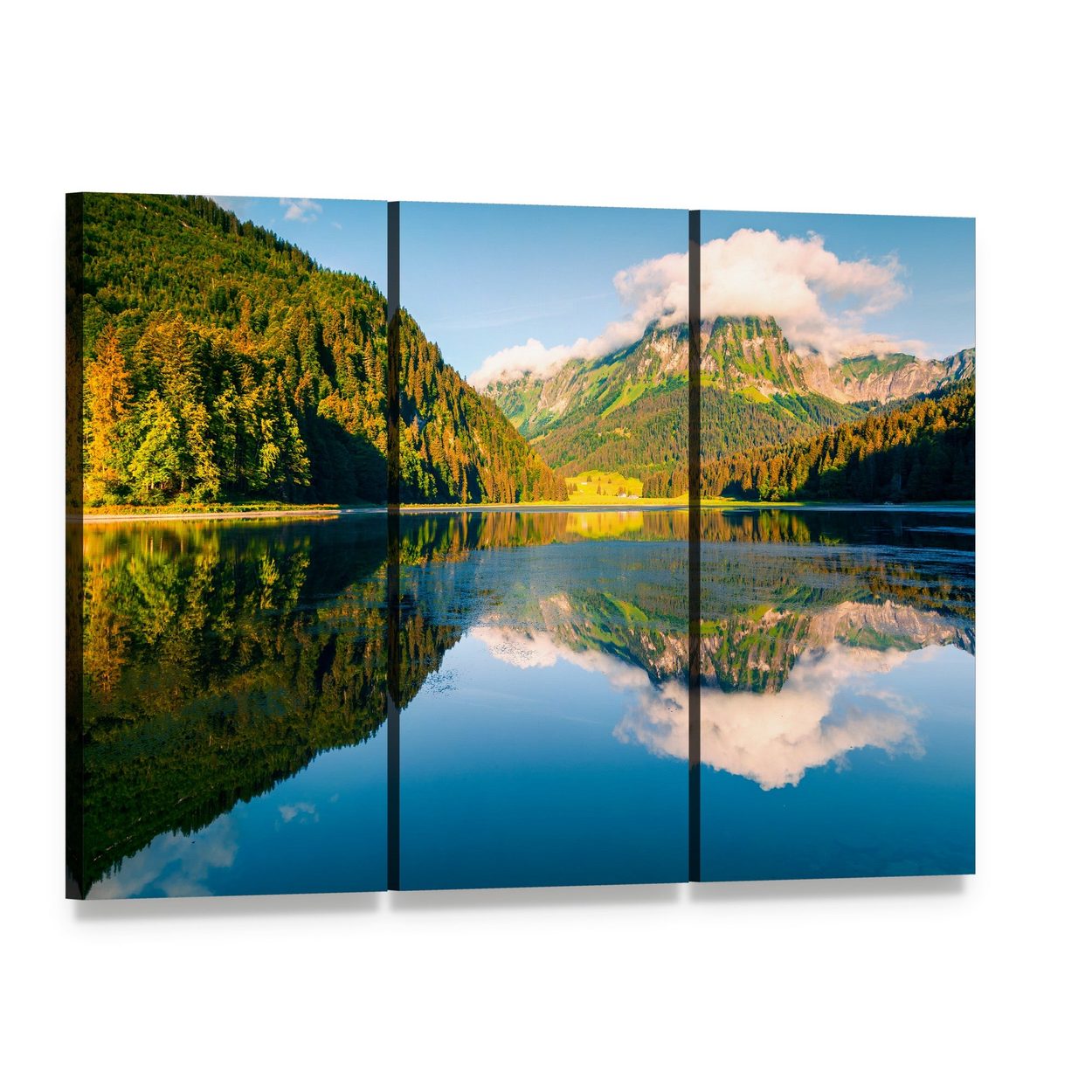 Summer Lake with Mountain Reflection Canvas Wall Art, 3 panel 3 Horizontal layout gallery wrapped canvas set, angled product view