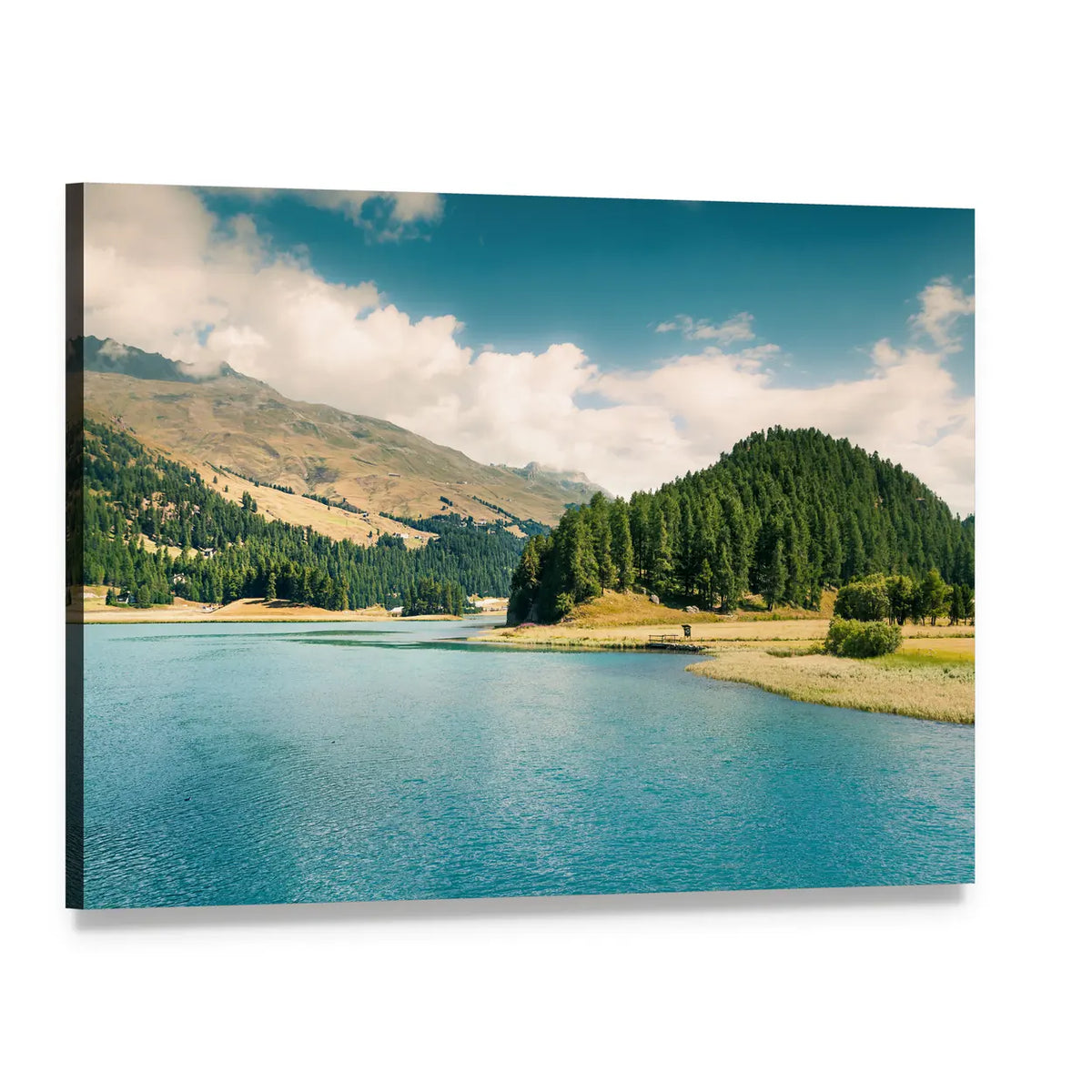 Summer View of Sils Lake Canvas Wall Art, single panel gallery wrapped canvas, angled product view