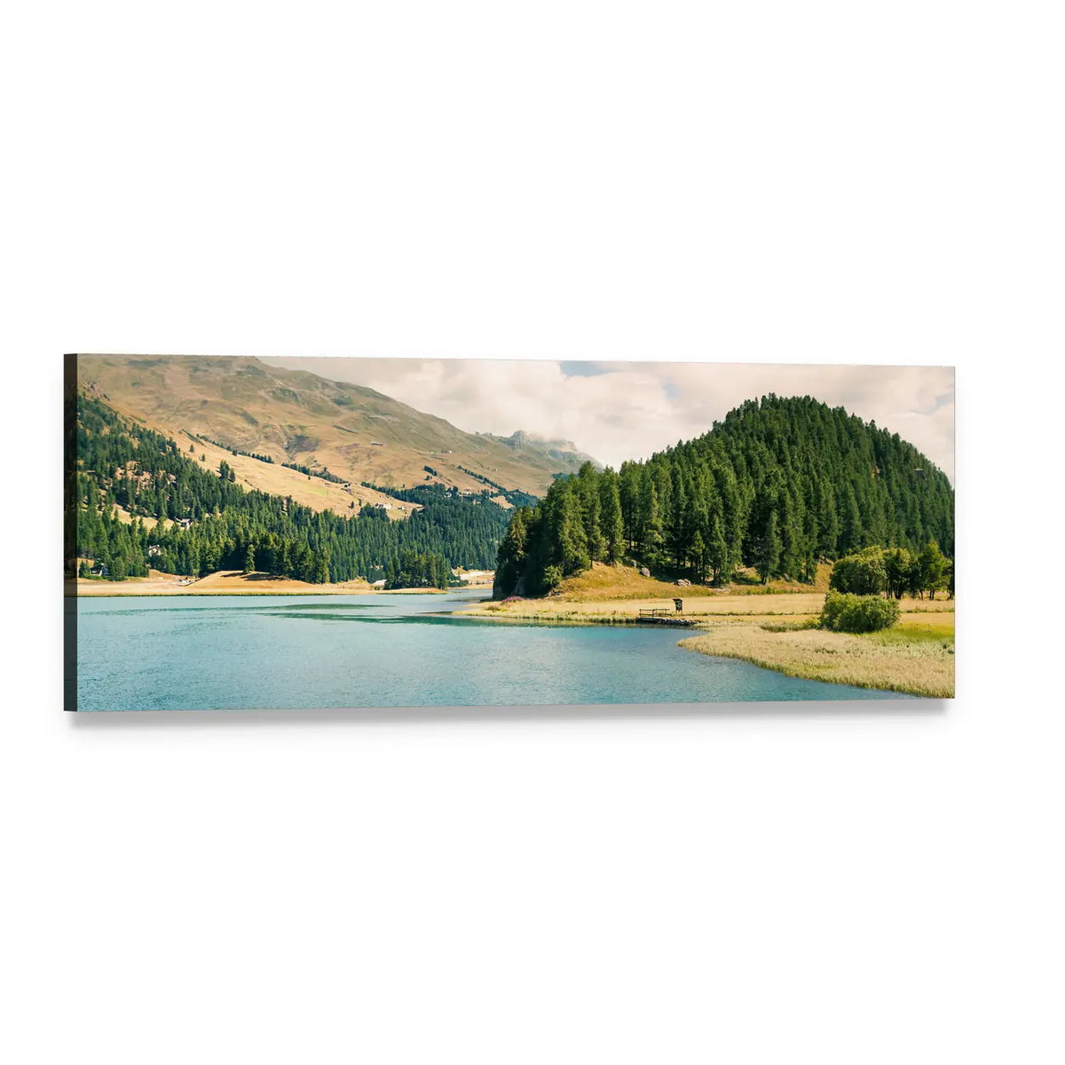 Calm Lake with Forested Hills and Mountain Peaks Panoramic Canvas Wall Art, single panel gallery wrapped canvas, angled product view