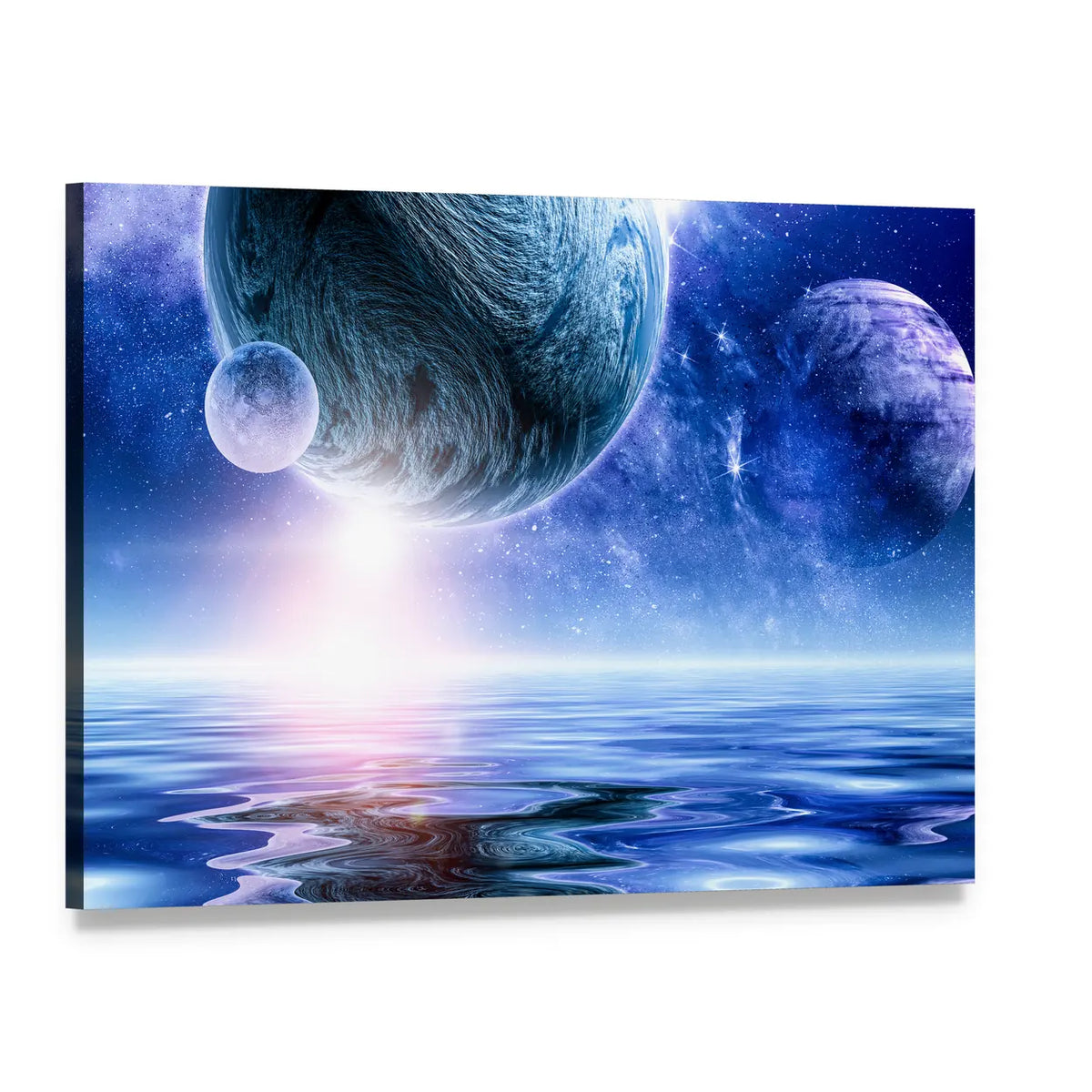 Deep Blue Space Horizon Canvas Wall Art, single panel gallery wrapped canvas, angled product view