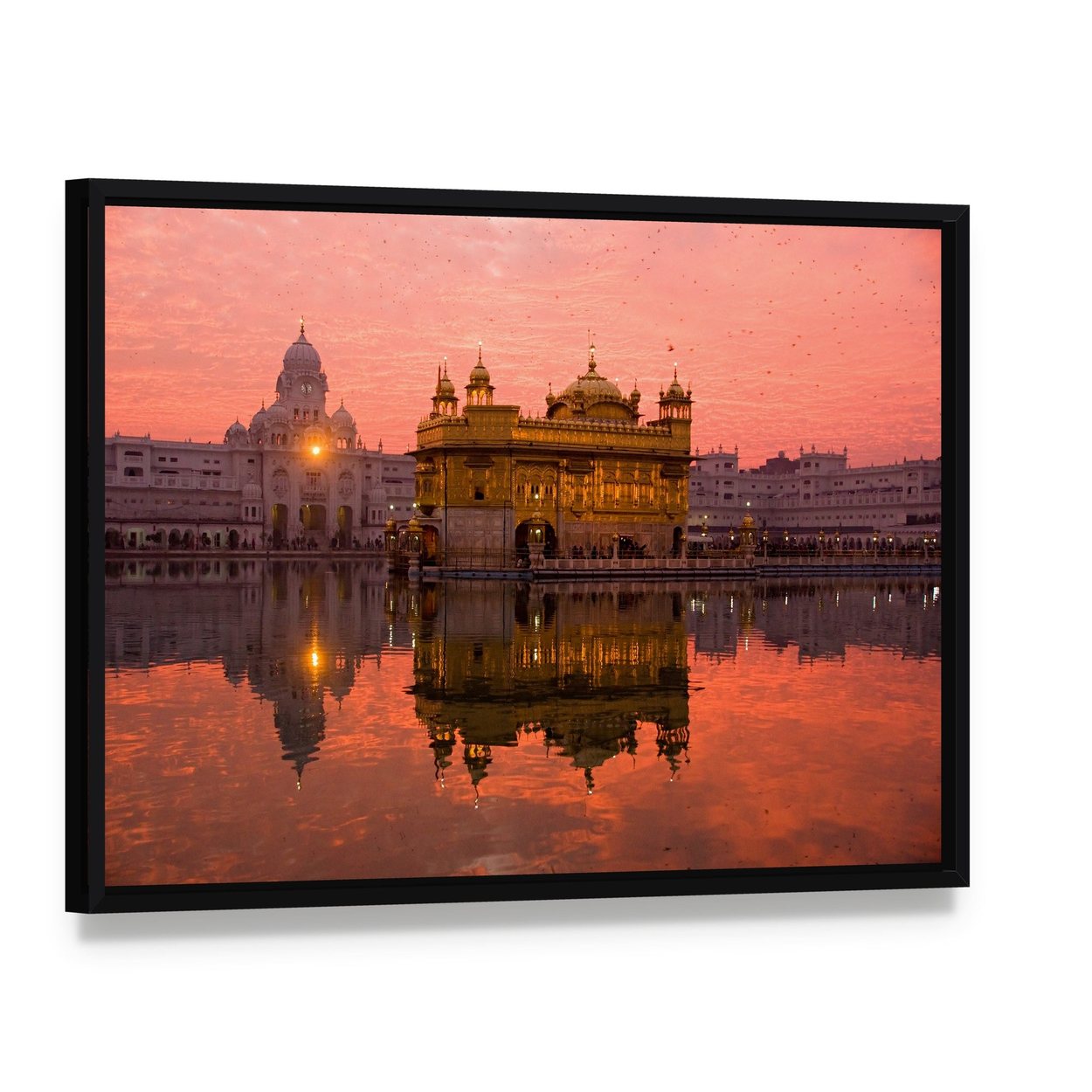 Golden Temple Reflection in Amritsar Canvas Wall Art, framed canvas in a black floater frame, angled product view
