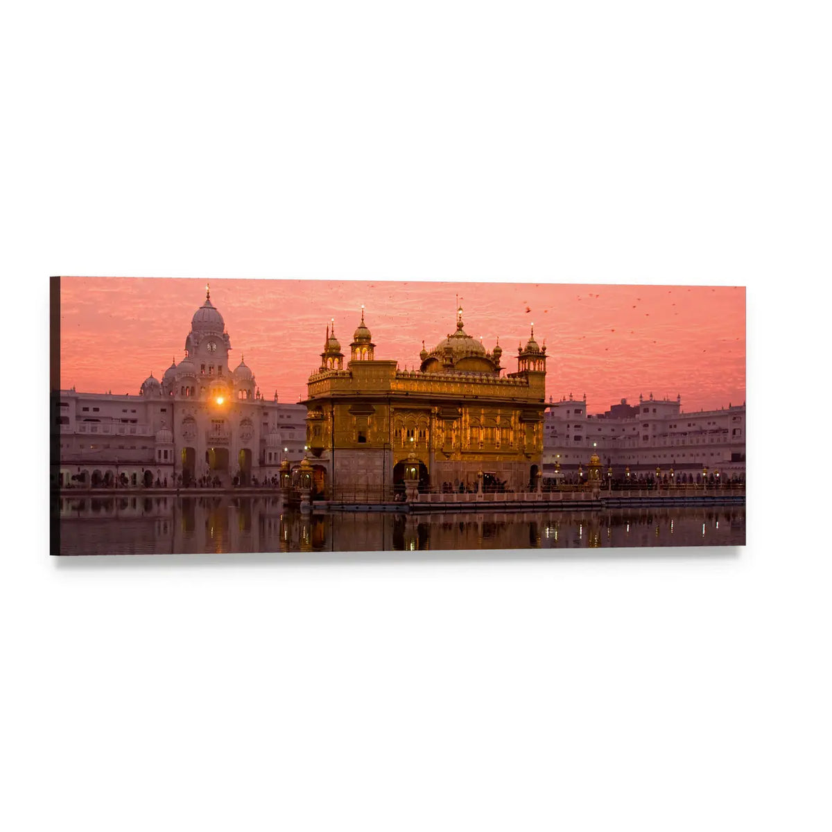 Golden Temple Amritsar Sunset Reflection Panoramic Canvas Wall Art, single panel gallery wrapped canvas, angled product view