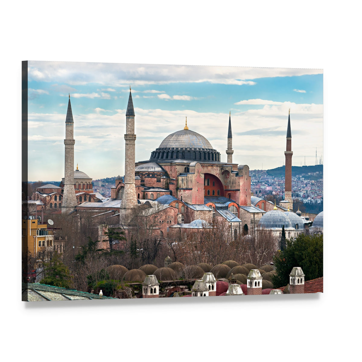 Hagia Sophia with Dome and Minarets Canvas Wall Art, single panel gallery wrapped canvas, angled product view