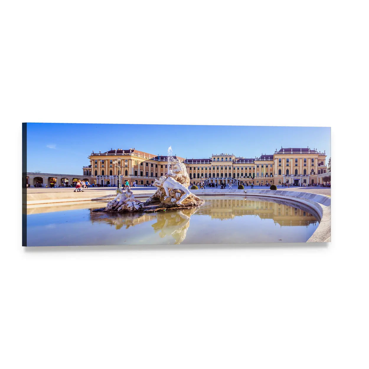 Palace Garden with Reflecting Fountain Panoramic Canvas Wall Art, single panel gallery wrapped canvas, angled product view