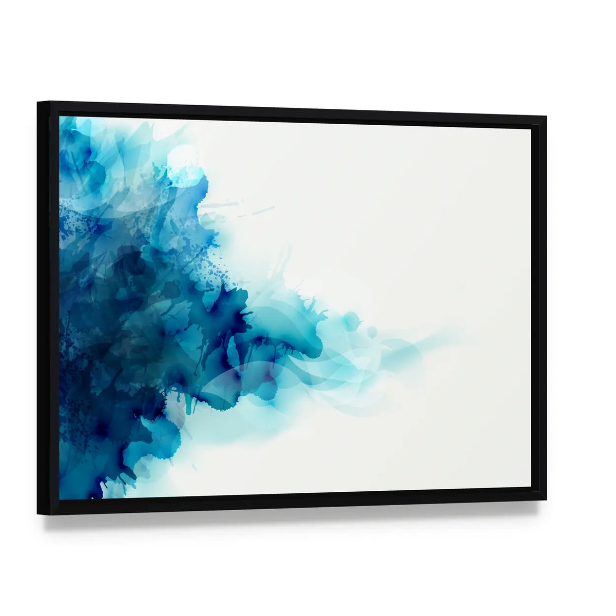 Blue Watercolor Ink Blot Canvas Wall Art, framed canvas in a black floater frame, angled product view