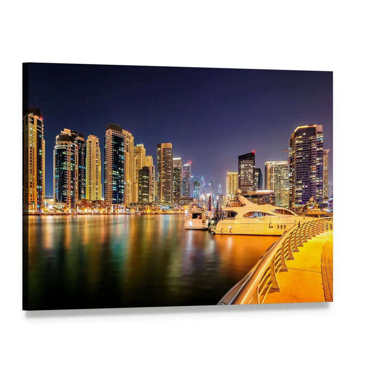 Dubai Night Skyline Harbor Reflections Canvas Wall Art, single panel gallery wrapped canvas, angled product view