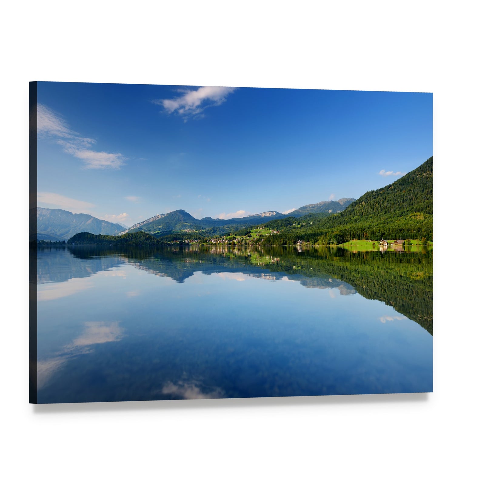Calm Reflections of Hallstatt Lake Canvas Wall Art, single panel gallery wrapped canvas, angled product view