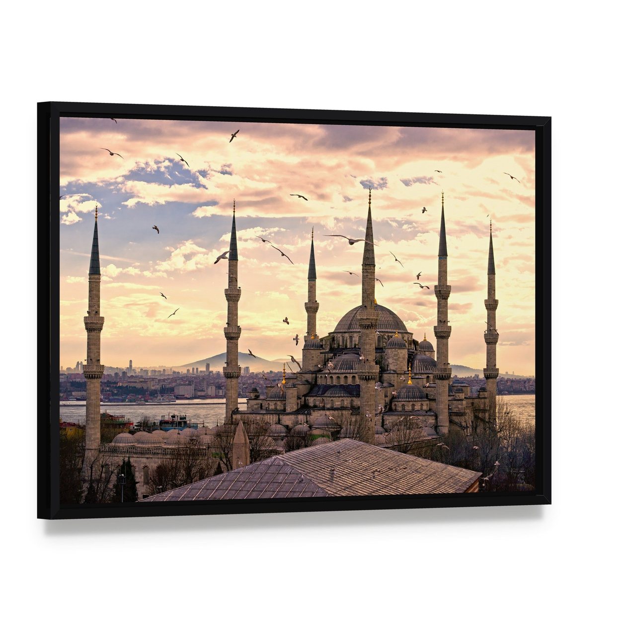 The Blue Mosque in Istanbul Canvas Wall Art, framed canvas in a black floater frame, angled product view