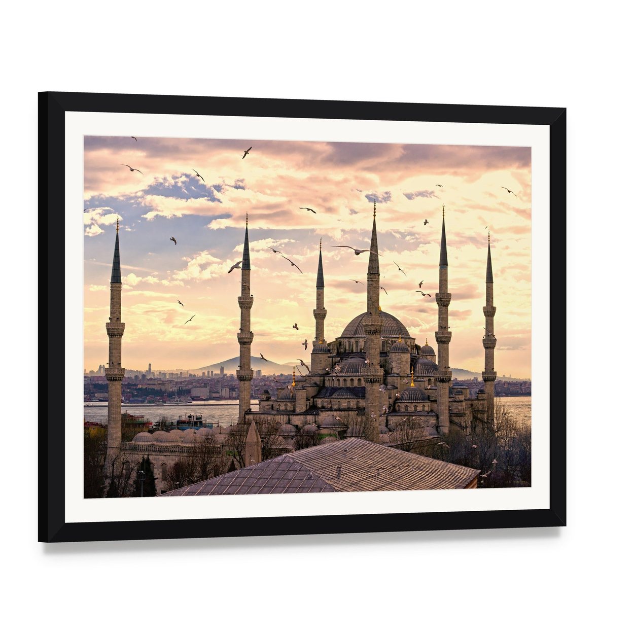 The Blue Mosque in Istanbul Canvas Wall Art, framed print with white mat and black frame, angled product view