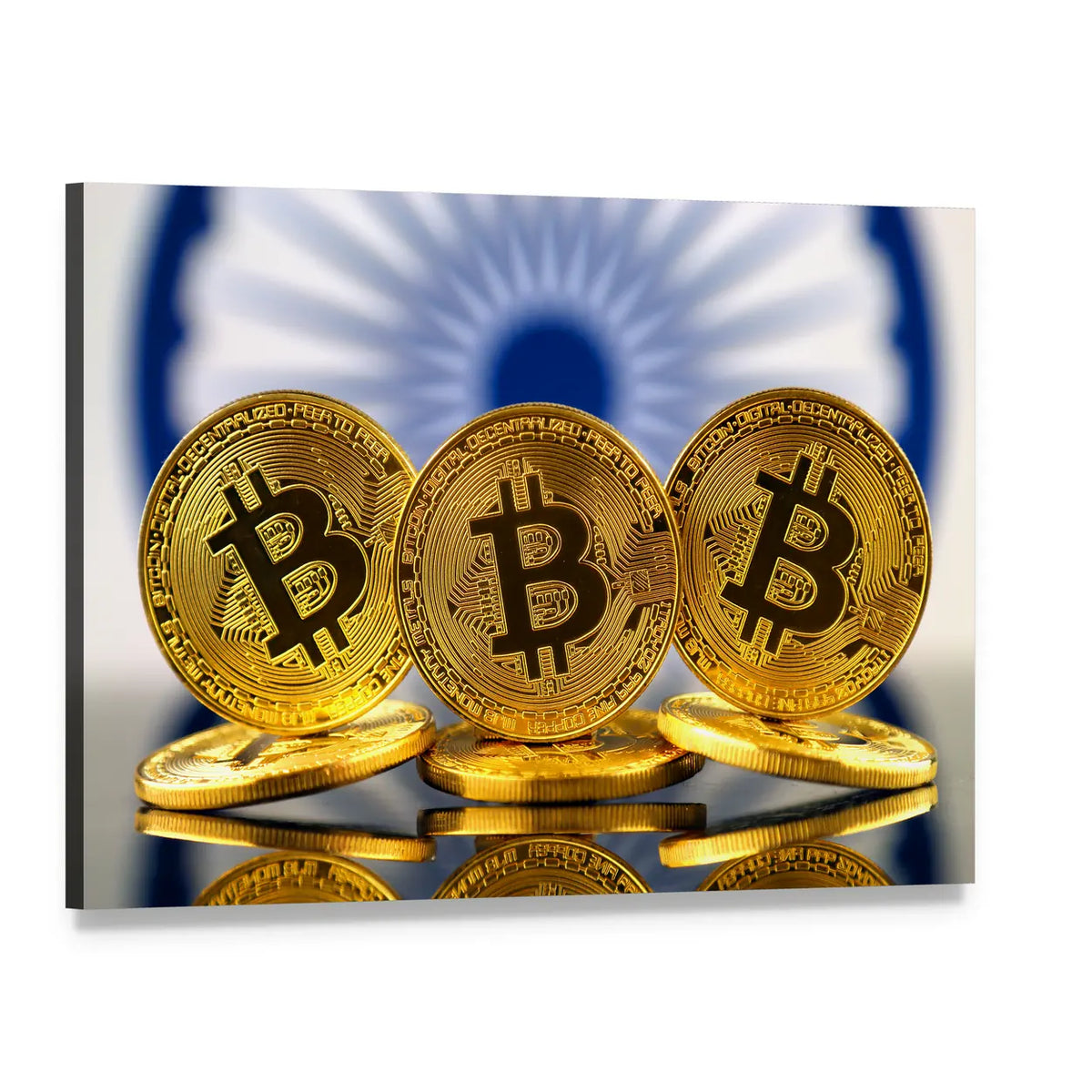 Three Golden Bitcoin Coins with Indian Flag Canvas Wall Art, single panel gallery wrapped canvas, angled product view