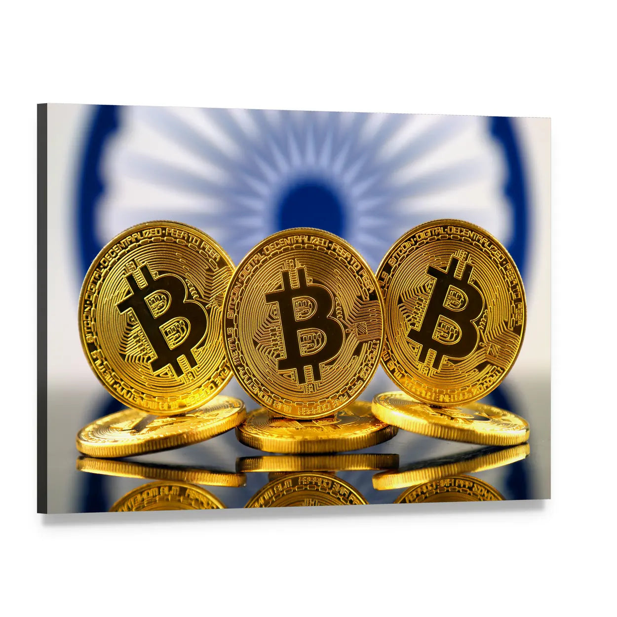 Three Golden Bitcoin Coins with Indian Flag Canvas Wall Art, single panel gallery wrapped canvas, angled product view