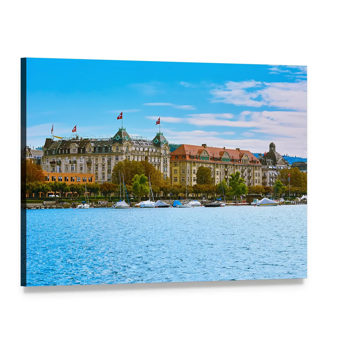 Zurich Historic Waterfront Buildings Canvas Wall Art, single panel gallery wrapped canvas, angled product view