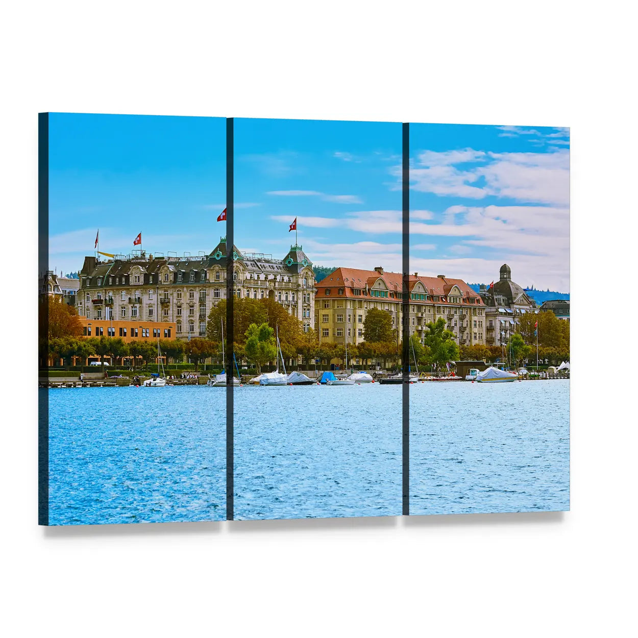 Zurich Historic Waterfront Buildings Canvas Wall Art, 3 panel 3 Horizontal layout gallery wrapped canvas set, angled product view