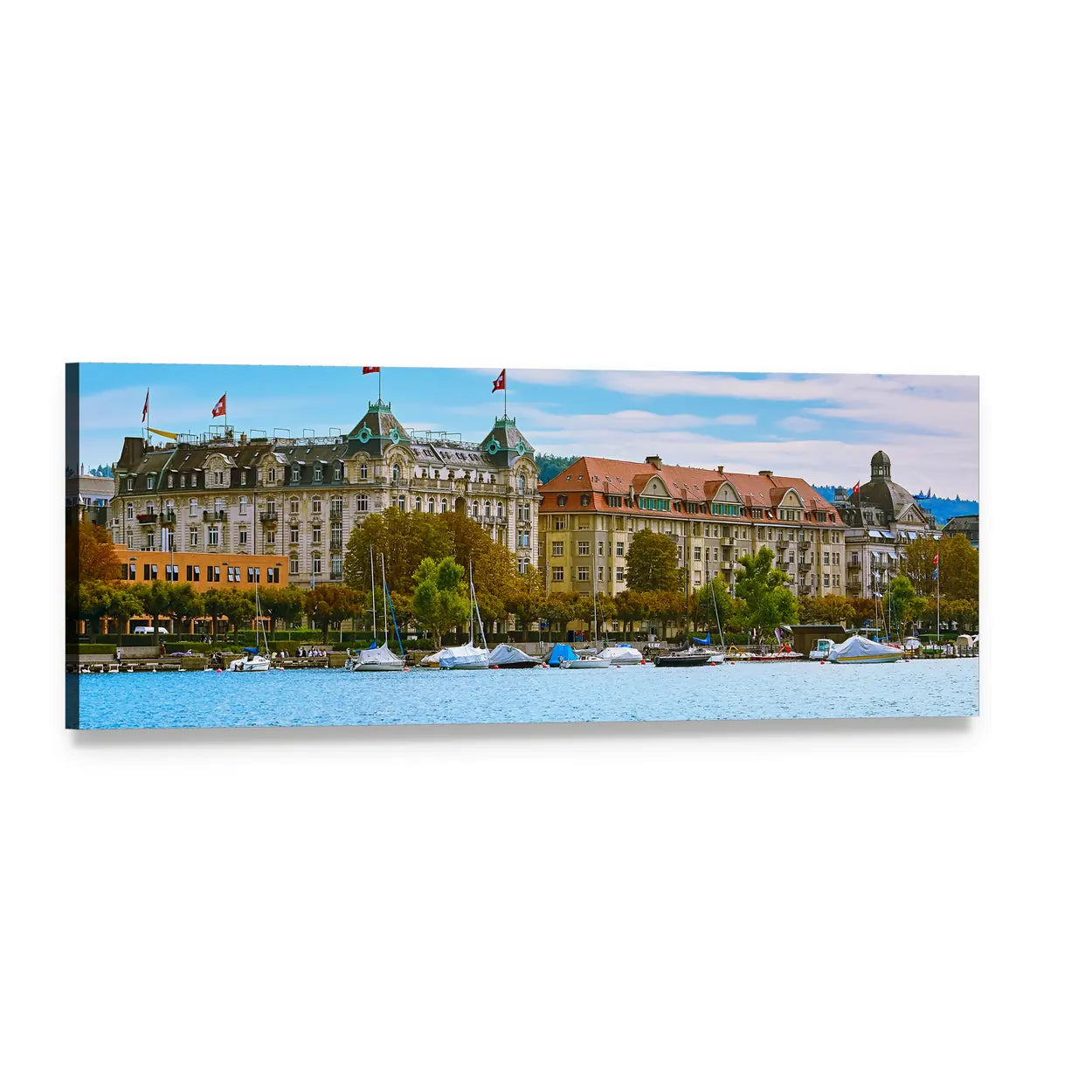 Historic Zurich Waterfront Panoramic Canvas Wall Art, single panel gallery wrapped canvas, angled product view