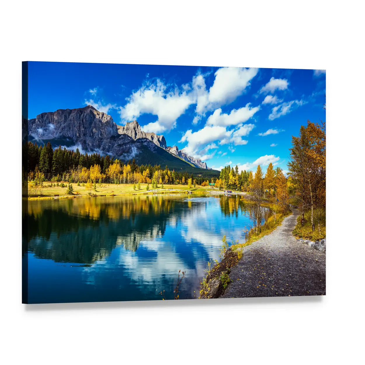 Yellowing Aspens Around Alpine Lake Canvas Wall Art, single panel gallery wrapped canvas, angled product view