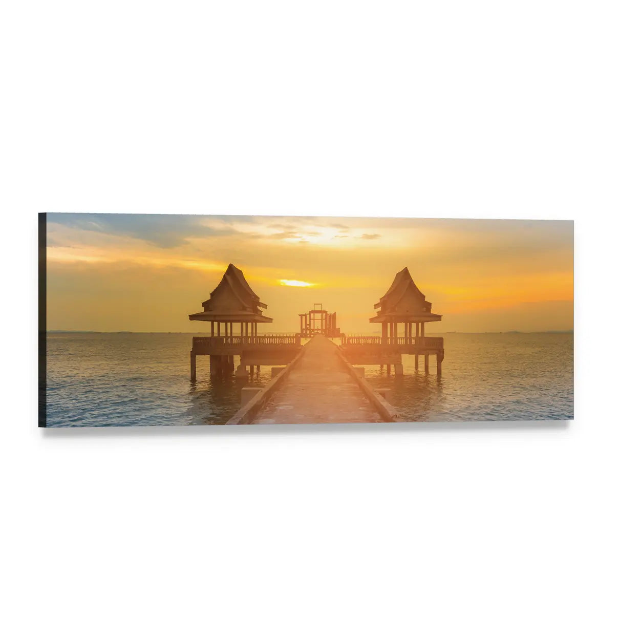 Wooden Walkway to Thai Pavilions at Sunset Panoramic Canvas Wall Art, single panel gallery wrapped canvas, angled product view