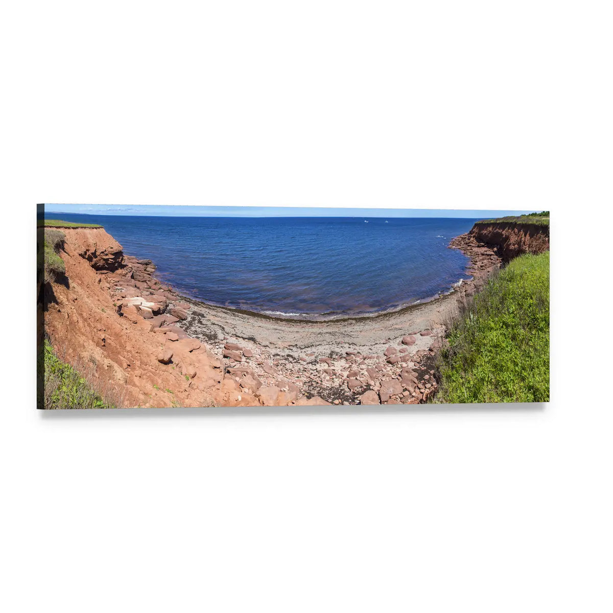 Red Rocks and Cliffs at Cavendish Beach Panoramic Canvas Wall Art, single panel gallery wrapped canvas, angled product view