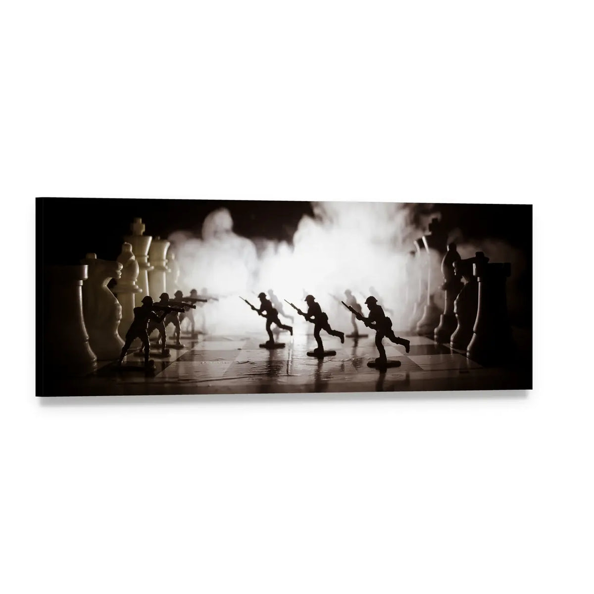 Toy Soldiers Battle on Chessboard Panoramic Canvas Wall Art, single panel gallery wrapped canvas, angled product view