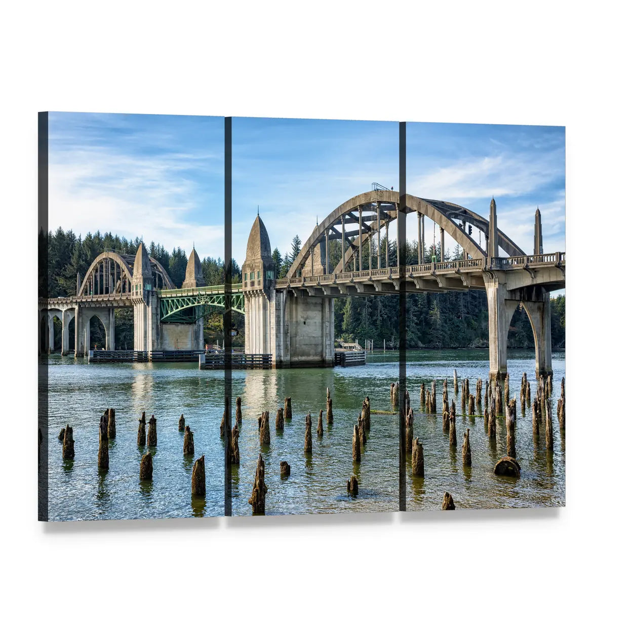 Siuslaw River Bridge in Florence Canvas Wall Art, 3 panel 3 Horizontal layout gallery wrapped canvas set, angled product view