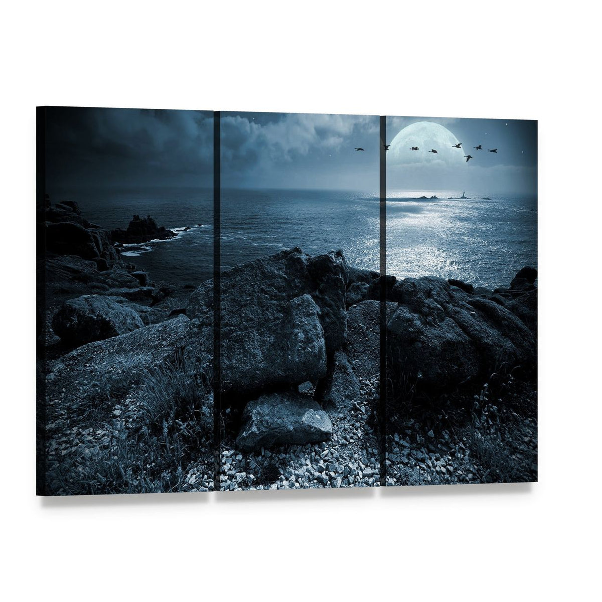Moonlit Coast with Birds in Flight Canvas Wall Art, 3 panel 3 Horizontal layout gallery wrapped canvas set, angled product view