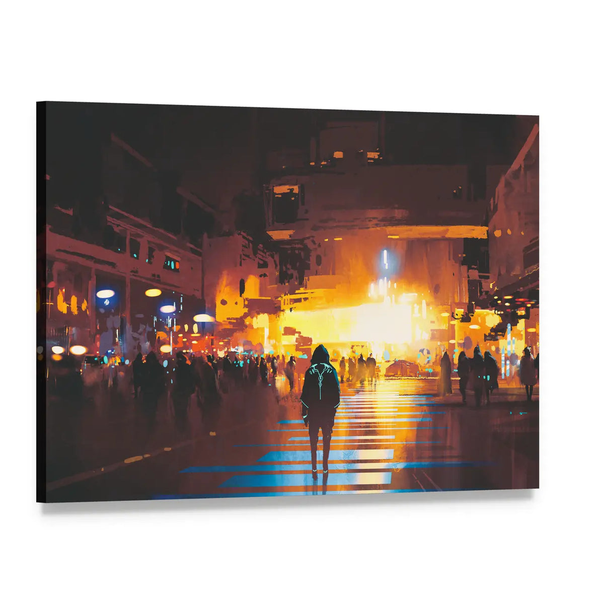 Lone Hooded Figure in Neon City Canvas Wall Art, single panel gallery wrapped canvas, angled product view