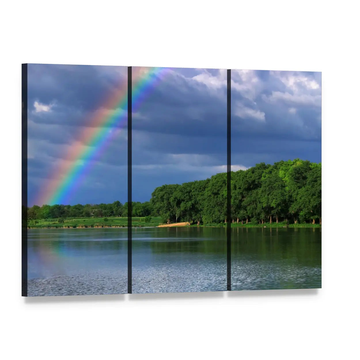 Close-up Rainbow Over the Lake Canvas Wall Art, 3 panel 3 Horizontal layout gallery wrapped canvas set, angled product view