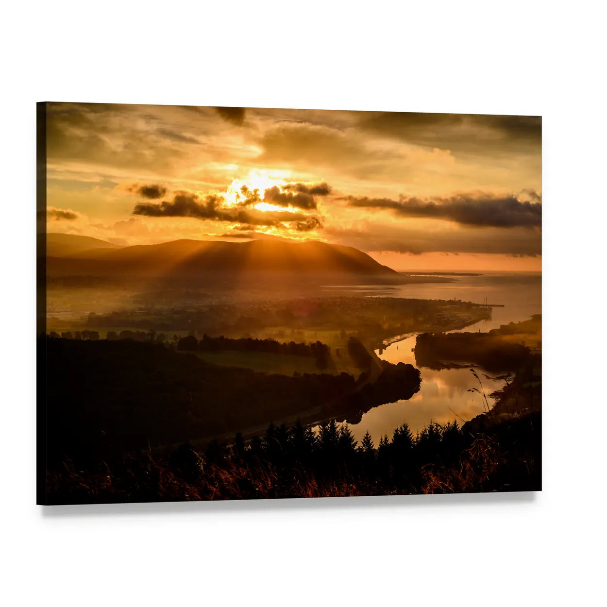 Mourne Mountains Sunset Over River Valley Canvas Wall Art, single panel gallery wrapped canvas, angled product view